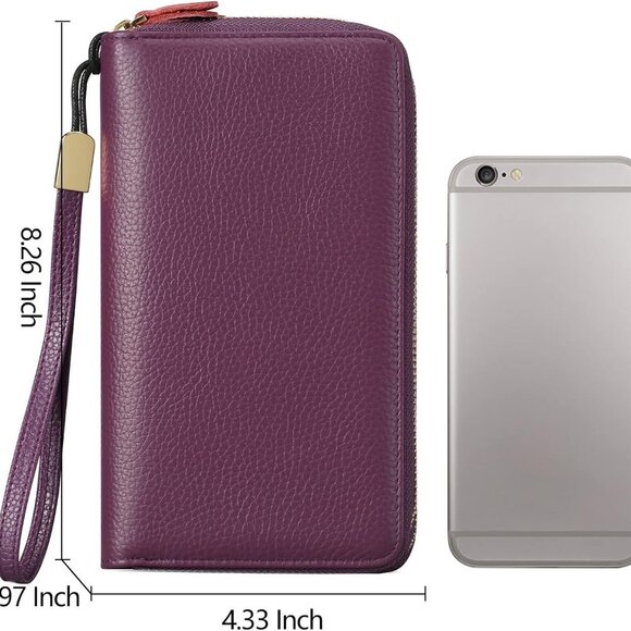 Leather Women Wallet RFID Blocking Zipper Around Phone Holder Clutch - Picture 5 of 6